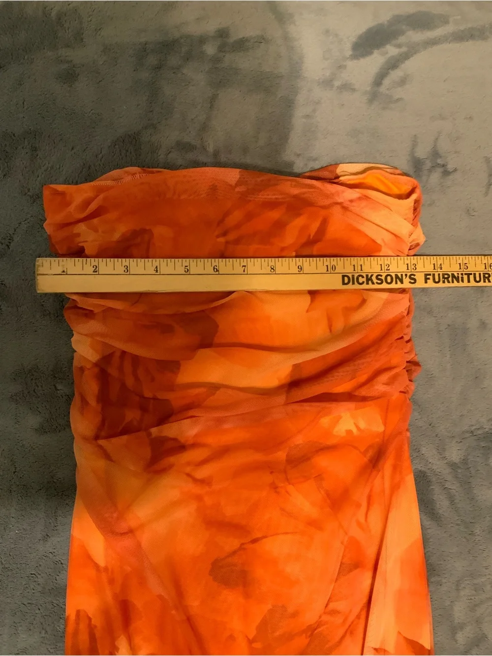 Strapless Abstract Orange Ruched Sheath Dress size small, midi/maxi